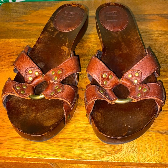 Frye Ellie Ring Slides Brown Leather & Wood Women’s 8 M - Picture 1 of 7